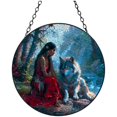 thumbnail image 1 of American Native Indian Woman and Wolf Stained Glass Suncatcher Handmade Window Hanging Colored Glass Suncatcher Crafts Kits for Indoor Garden Decor Memorial Gift 16x16cm(2), 1 of 7