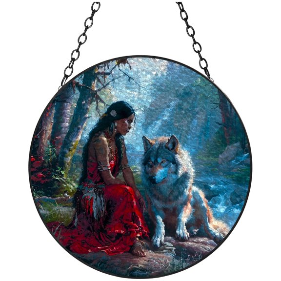 American Native Indian Woman and Wolf Stained Glass Suncatcher Handmade Window Hanging Colored Glass Suncatcher Crafts Kits for Indoor Garden Decor Memorial Gift 16x16cm(2)