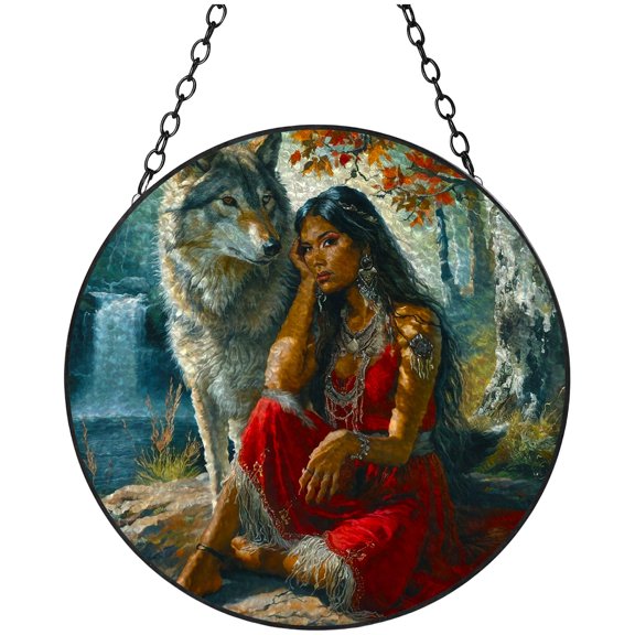 American Native Indian Woman and Wolf Stained Glass Suncatcher Handmade Window Hanging Colored Glass Suncatcher Crafts Kits for Indoor Garden Decor Memorial Gift 16x16cm(1)