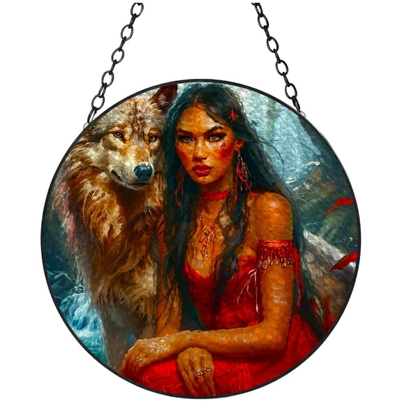 American Native Indian Woman and Wolf Stained Glass Suncatcher Handmade Window Hanging Colored Glass Suncatcher Crafts Kits for Indoor Garden Decor Memorial Gift 16x16cm(6)