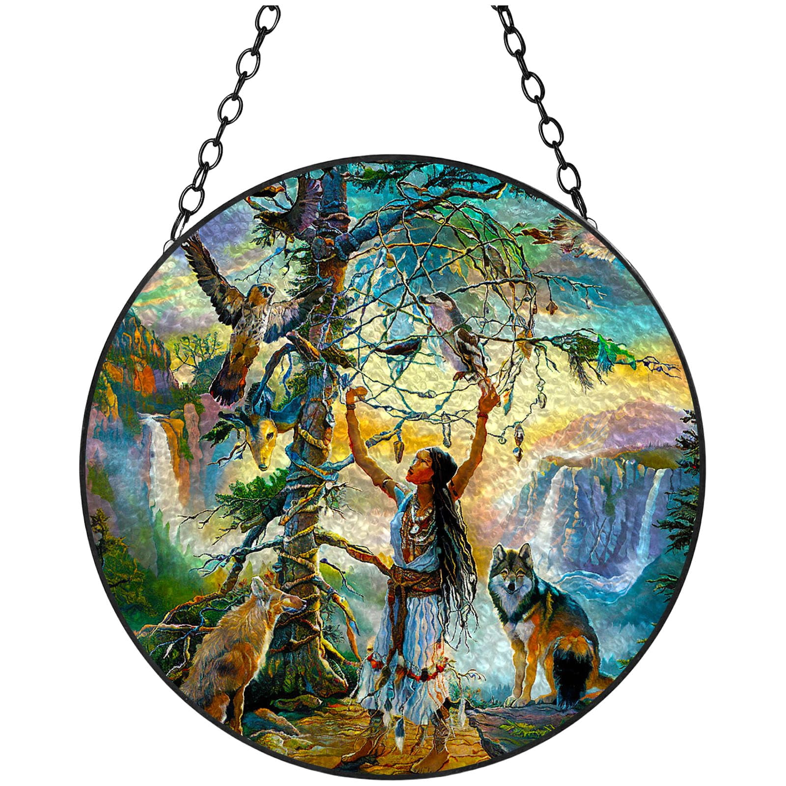 Native Window Display American Native Indian Woman Wolf Tree Stained Glass Suncatcher ...
