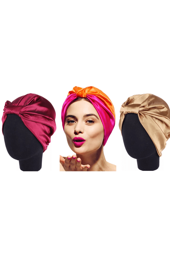 3 Pack Women's Stain Silk Fashion slouchy, Bonnet, Turban, Elastic Band Knotted Hair Loss Cap, Night Sleeping Hat, Head Cover for Smooth Hair