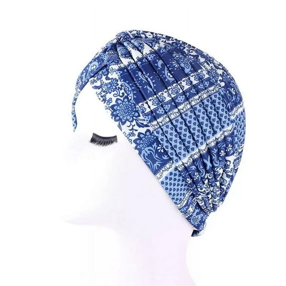 American Notions Women's Navy Turban & Flower Prints Beanie, Head Wrap, Chemo Cap, Sleep Cap - One Size