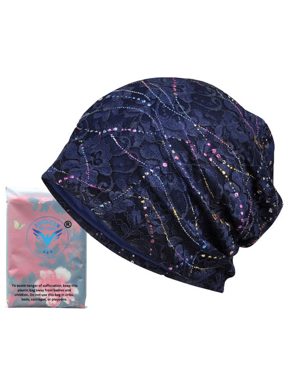 Women's Slouchy, Yoga Beanie, Lace Turban, Soft Sleep Cap, Chemo Hat (Blue)