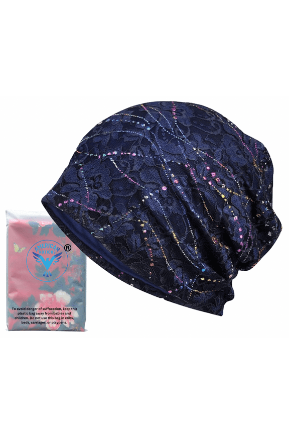 Women's Slouchy, Yoga Beanie, Lace Turban, Soft Sleep Cap, Chemo Hat (Blue)