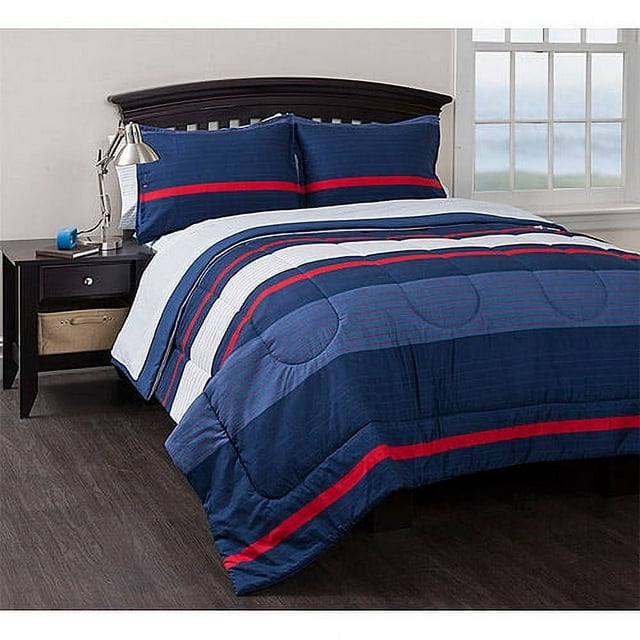 American Original Coastal Stripe Reversible Complete Bedding Set Blue Bed in a Bag