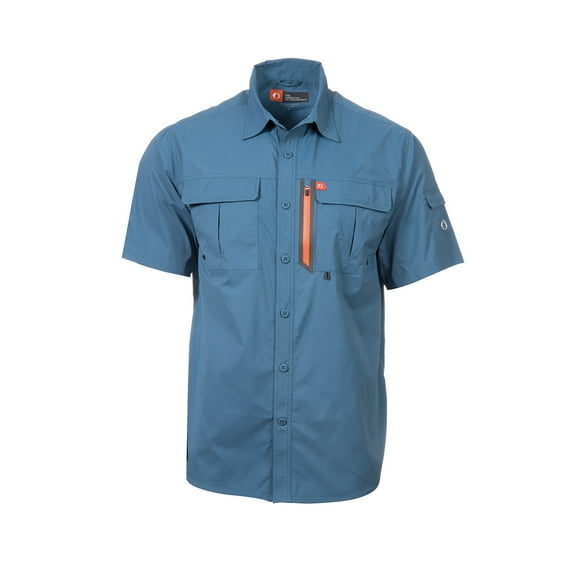 The American Outdoorsman Blackfoot River Fishing Shirt, Short Sleeve - Quick Dry, UPF 30 UV Protection, Modern Fit, Breathable Eyelets and Waterproof Chest Zip Multiple Pocket (Dusk Blue, Large)