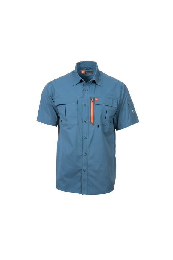 The American Outdoorsman Blackfoot River Fishing Shirt, Short Sleeve - Quick Dry, UPF 30 UV Protection, Modern Fit, Breathable Eyelets and Waterproof Chest Zip Multiple Pocket (Dusk Blue, Medium)