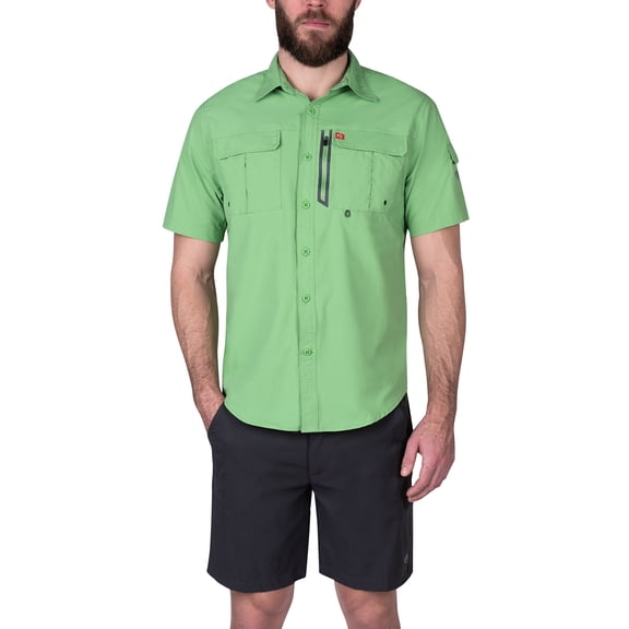 The American Outdoorsman Blackfoot River Fishing Shirt, Short Sleeve - Quick Dry, UPF 30 UV Protection, Modern Fit, Breathable Eyelets and Waterproof Chest Zip Multiple Pocket (Shamrock, Large)