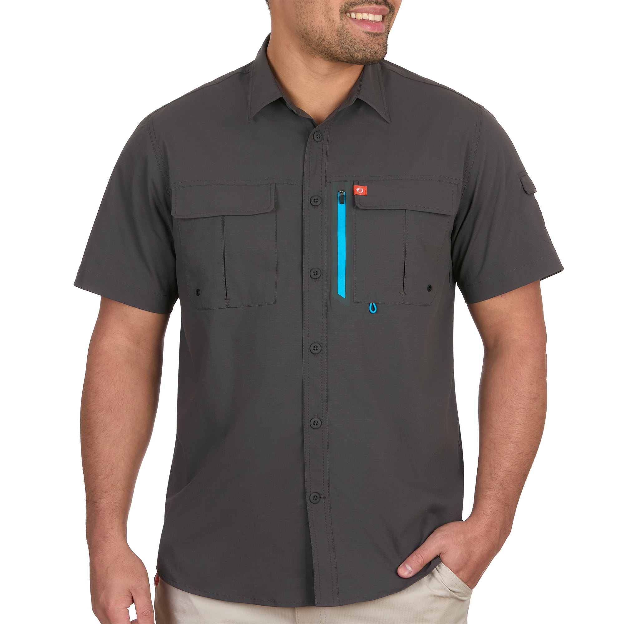 The American Outdoorsman Blackfoot River Fishing Shirt, Short Sleeve - Quick Dry, UPF 30 UV Protection, Modern Fit, Breathable Eyelets and Waterproof Chest Zip Multiple Pocket (Raven, Medium)