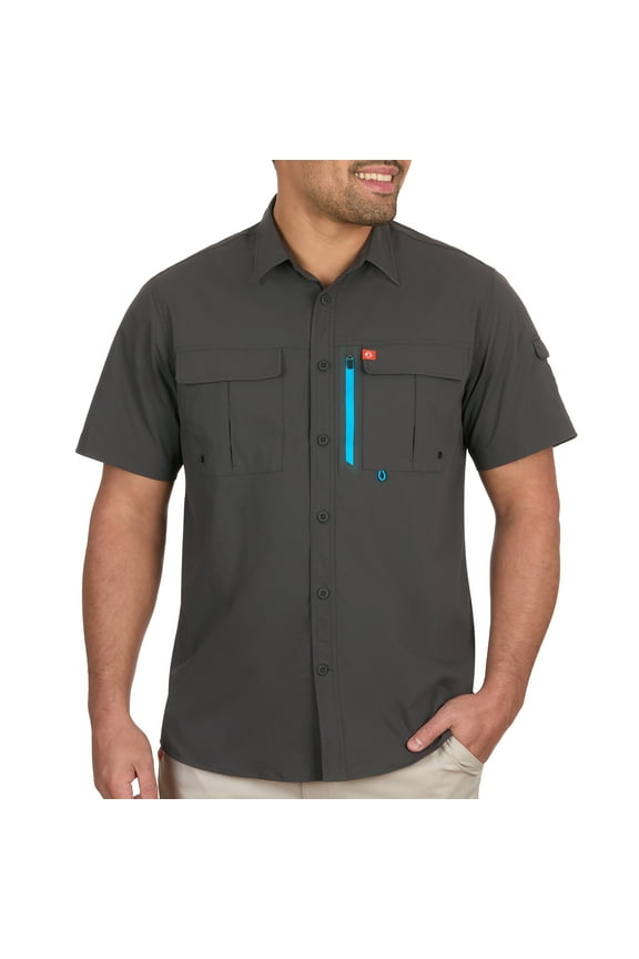 The American Outdoorsman Blackfoot River Fishing Shirt, Short Sleeve - Quick Dry, UPF 30 UV Protection, Modern Fit, Breathable Eyelets and Waterproof Chest Zip Multiple Pocket (Raven, XL)