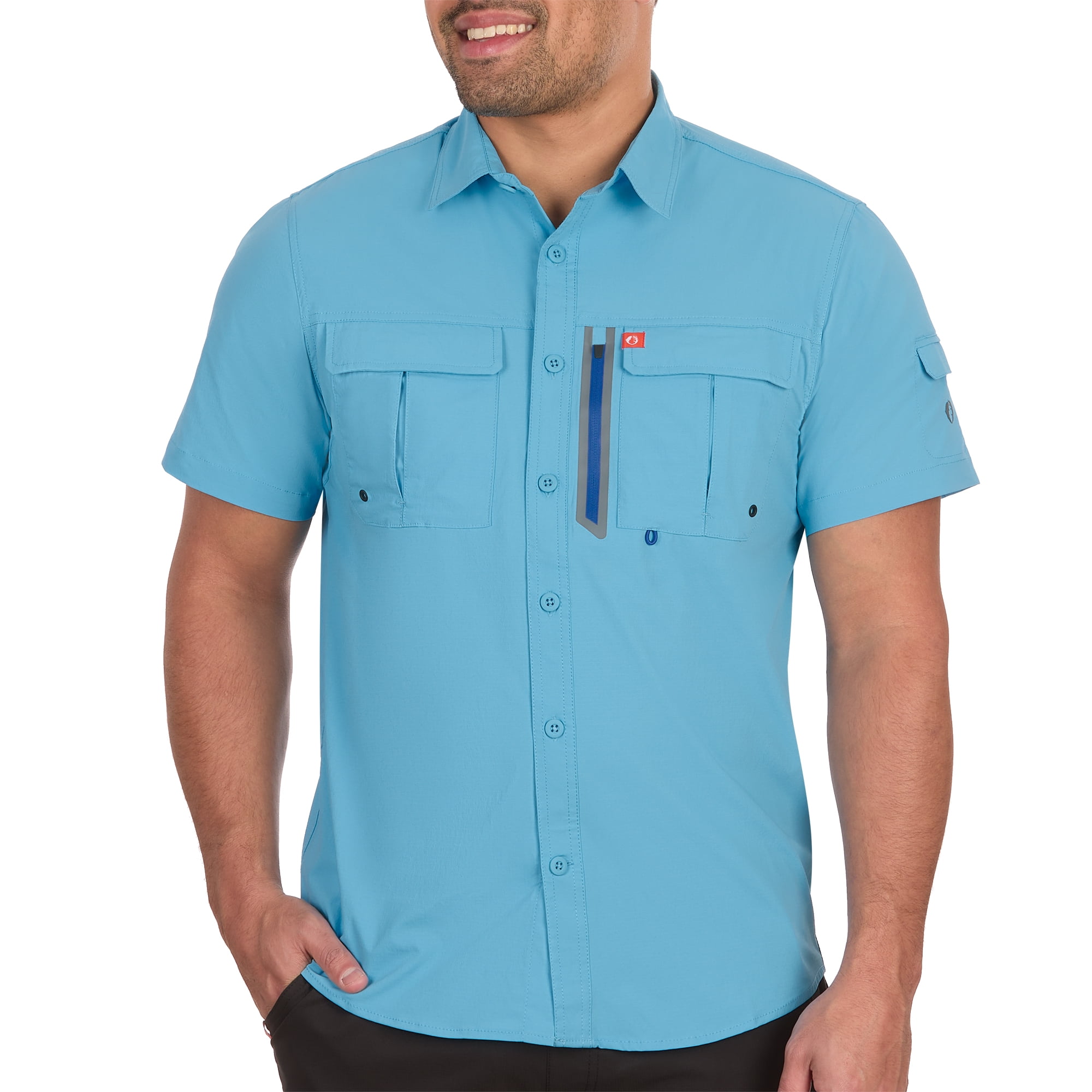 The American Outdoorsman Blackfoot River Fishing Shirt, Short Sleeve - Quick Dry, UPF 30 UV Protection, Modern Fit, Breathable Eyelets and Waterproof Chest Zip Multiple Pocket (Ethereal Blue, XXL)