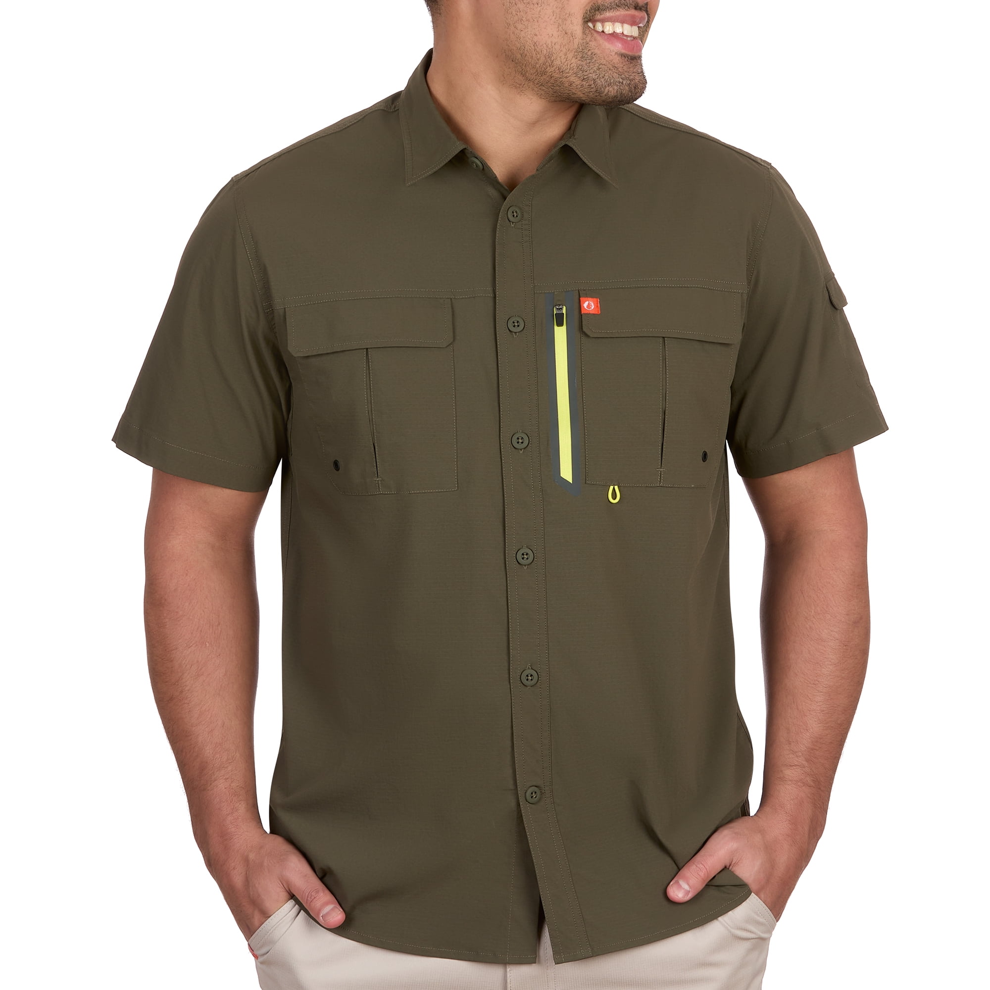 The American Outdoorsman Blackfoot River Fishing Shirt, Short Sleeve - Quick Dry, UPF 30 UV Protection, Modern Fit, Breathable Eyelets and Waterproof Chest Zip Multiple Pocket (Jungle Green, Medium)