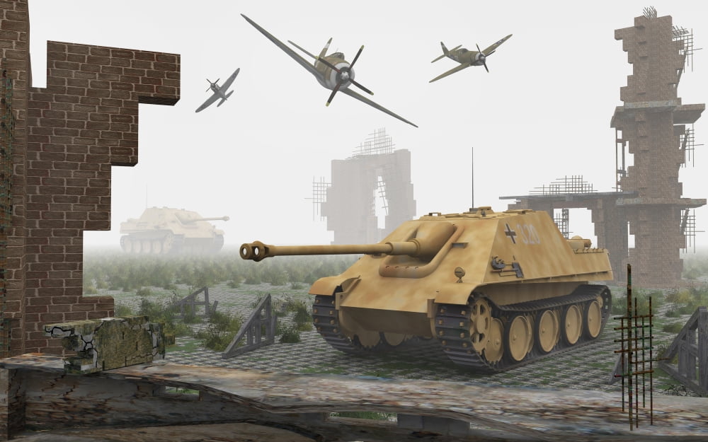 American P-47 fighter planes attacking German Jagdpanther tanks Canvas Art - Mark StevensonStocktrek Images (36 x 23)