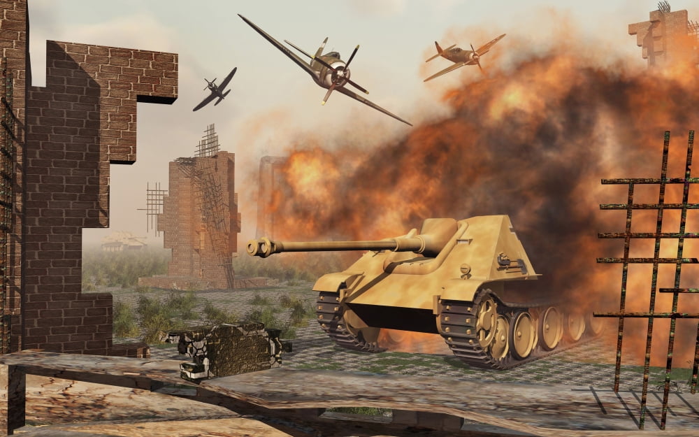 American P-47 fighter planes attacking German Jagdpanther tanks Canvas Art - Mark StevensonStocktrek Images (36 x 23)