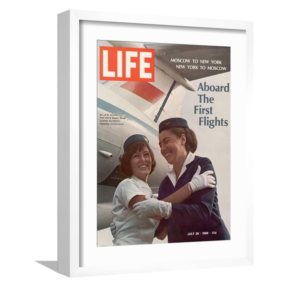 Art.com American Pan Am Stewardess Sicari Embracing Russian Aeroflot Stewardess Arutyunova, July 25, 1968 Photographic Print by Arthur Schatz, White Frame Wall Art, 17" x 21"