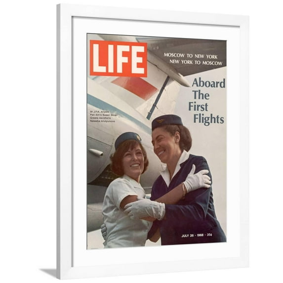 Art.com American Pan Am Stewardess Sicari Embracing Russian Aeroflot Stewardess Arutyunova, July 25, 1968 Photographic Print by Arthur Schatz, White Frame Wall Art, 32" x 40"