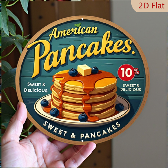 American Pancakes Vintage Diner Sign Round Aluminum Sign, Wall Decor, 1pc, 8" Wall Art Metal Signs For Kitchen, Door, Office, Cafe, Bedroom, Room, Home, Bathroom Decor, Housewarming Gift, 2D Flat