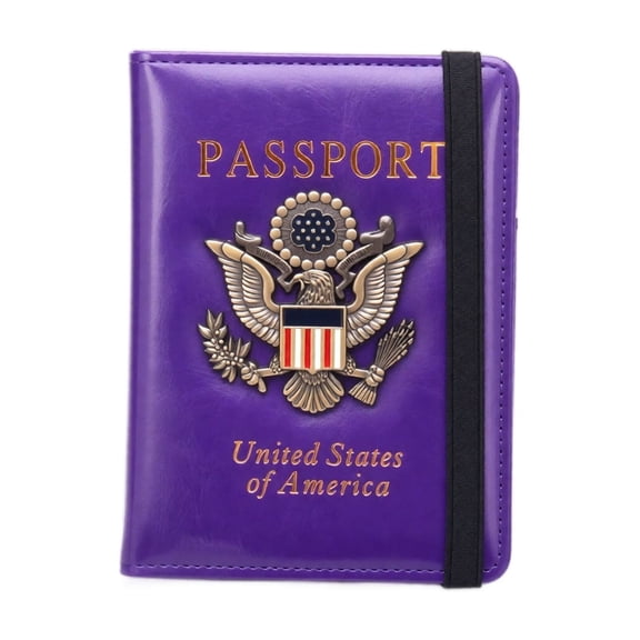 American Passport Cover | Rfid Travel Wallet | Leather Document Holder | Travel Gifts for Women | Purple Usa Emblem Passport Holder