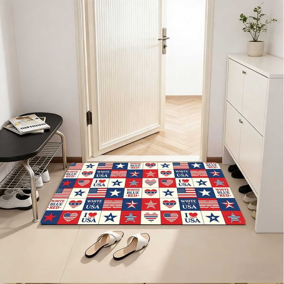 American Pastoral Floral Anti-Slip Doormat, Rustic Floral US Flag Print, Multi-Scene Indoor Outdoor Entry Mat, Independence Day Patriotic Home Decor Gift