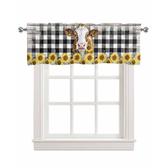 American Pastoral Kitchen Valances for Windows Farmhouse Linen Window Valance Curtain for Living Room Window Treatment Cow Sunflowers Farmhouse Buffalo Plaid Valance Rod Pocket Topper, 42 x 12 Inch