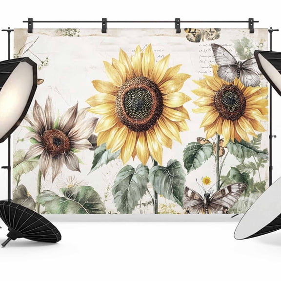 American Pastoral Style Backdrop for Photography, Yellow Sunflower Butterfly Photo Backdrop Portrait Background Party Banner Photo Backgrounds for Studio Booth Props, 12x8ft