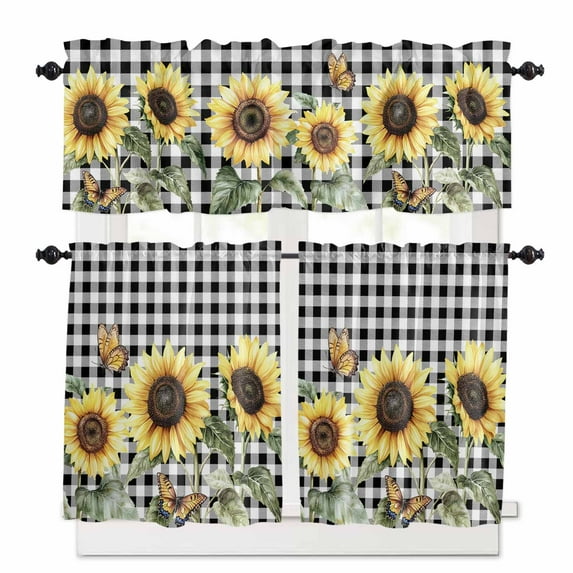 American Pastoral Style Kitchen Curtains and Valances Set, Sunflower Black White Plaid Rod Pocket Window Valance 18 Inch Window Curtain Panels for Living Room Bedroom Laundry, 27.5x24in, 3 Pieces