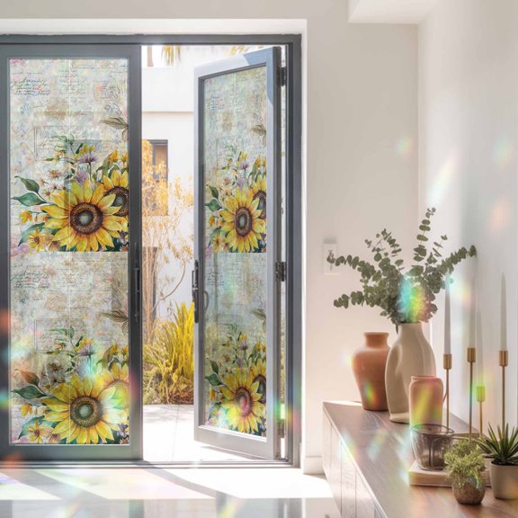 American Pastoral Sunflower on Retro Letter Window Privacy Film, Rainbow Film Decorative Window Sticker 23.6x78.7in, Country Flower Sun Blocking Static Stained Glass Cling Tint Non-Adhesive