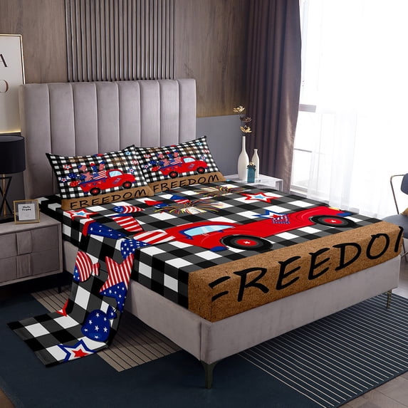 American Patrioctic Sheet Set 4th of July Twin Bed Sheets Set, USA Flag Red Car Bed Set Freedom Celebrations Fireworks Sheets Rustic Farmhouse Buffalo Grid Checkered Flat Fitted Sheet 3 Pieces