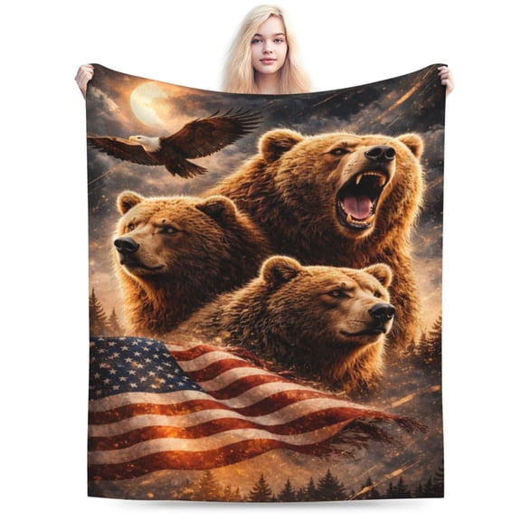 American Patriotic Bear Eagle Throw Blanket, USA Flag Wildlife Art Fleece Blanket, Soft Warm Decorative Blanket for Sofa Bed Couch, Adult Home Decor Gift 50x40