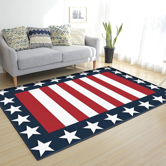 American Patriotic Day Area Rug,3x4ft,Modern Geometric and Star Patchwork Area Rugs,Border Design Doormat, Easy to Care for, Perfect for High Traffic Areas for Boys and Girls in Playrooms