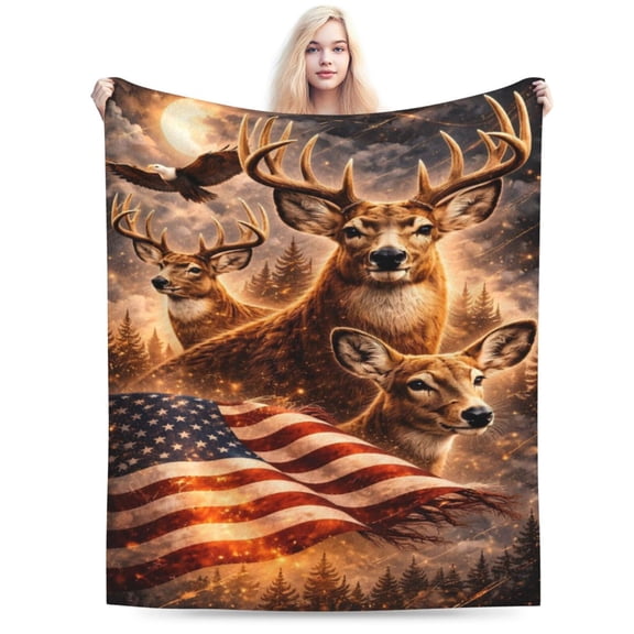 American Patriotic Deer Eagle Throw Blanket, USA Flag Wildlife Art Fleece Blanket, Soft Warm Decorative Blanket for Sofa Bed Couch, Adult Home Decor Gift 80x60