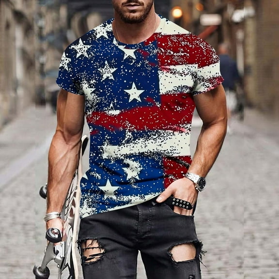 American Patriotic Flag T-Shirt For Men Trendy Independence Day Printed Fallow Tees Loose Round Neck Casual Short Sleeve Tops Blue L