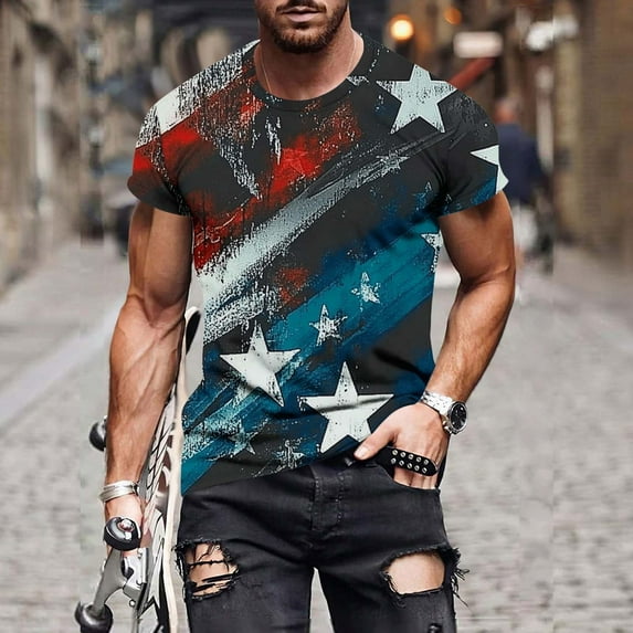 American Patriotic Flag T-Shirt For Men Trendy Independence Day Printed Fallow Tees Loose Round Neck Casual Short Sleeve Tops Multicolor XXXL