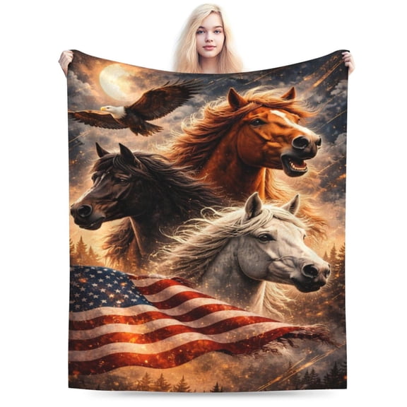 American Patriotic Horse Eagle Throw Blanket, USA Flag Wildlife Art Fleece Blanket, Soft Warm Decorative Blanket for Sofa Bed Couch, Adult Home Decor Gift 50x40