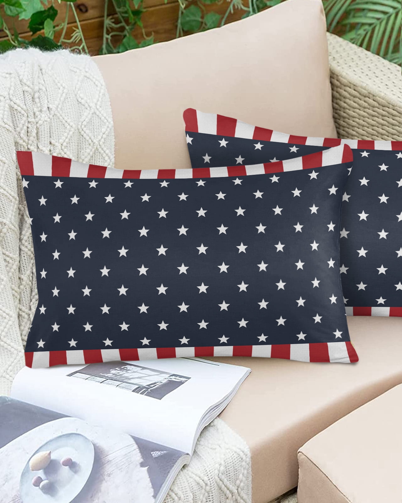 American Patriotic National Flag Outdoor Pillow Covers Set of 2,Decorative Waterproof Throw Pillow Case,Stars Blue Red and White Stripes Cotton Linen Soft Cozy Cushion Pillowcases