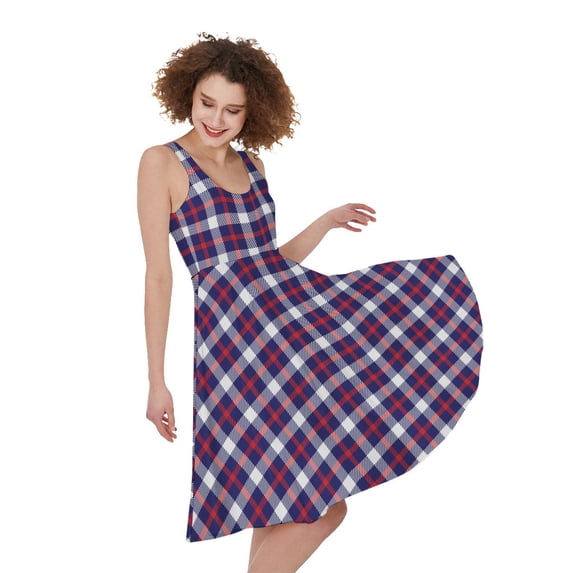 American Patriotic Plaid Print Sleeveless Knee Length Dress, American Flag Fashion Summer Maxi Dress For Women. Gifts For Us Independence Day, 4Th Of July