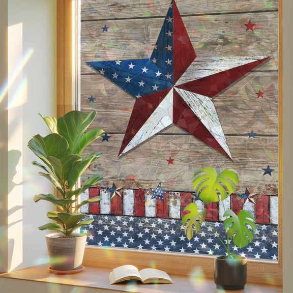 American Patriotic Star Window Privacy Film, Anniversary USA Flag Wood Grain Stained Glass Rainbow Film Decorative Window Clings, Static Cling Sun Blocking Stickers 17.7" x 39.3"