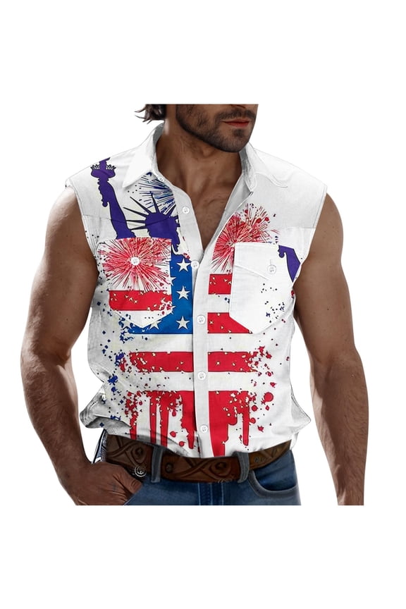 American Patriotic T Shirts for Men V Neck Sleeve Tops Independence Day Printed Blouses Button Down Laple Tees with Front Pocket Summer Trendy Casual Top(Loose Lightweight)