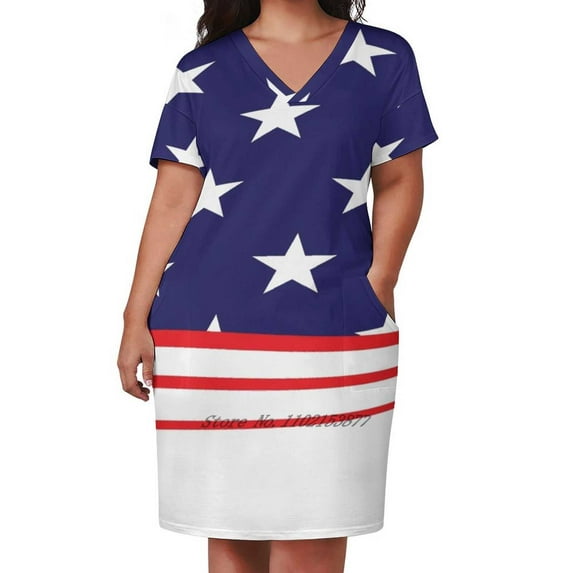 American Pattern Loose Pocket Dress Summer Sexy V Neck Dress Print