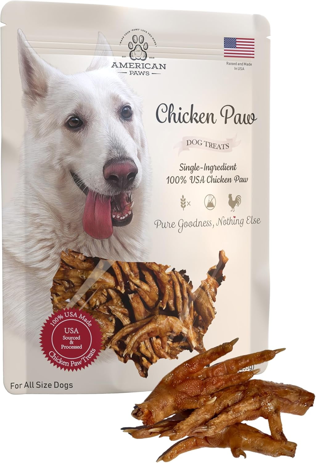 American Paws Dehydrated Chicken Feet Dog Treats, Only One Ingredient, No Additives, Made and Sourced in USA, (about 28-Pack), 1lb
