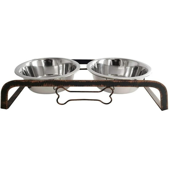 American Pet Supplies Elevated Rustic Bone Dog Feeder with 2 Stainless Steel Bowls for Puppies and Dogs, Aged Copper