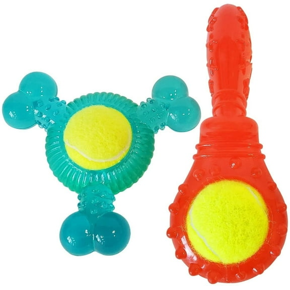 American Pet Supplies Textured Tennis Ball Squeaky Rubber Dog Toy Set, Blue and Red Chewing Toys for Dogs and Puppies