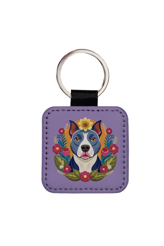 American Pit Bull Terrier Dog Floral Flowers Faux Leather Square Keychain