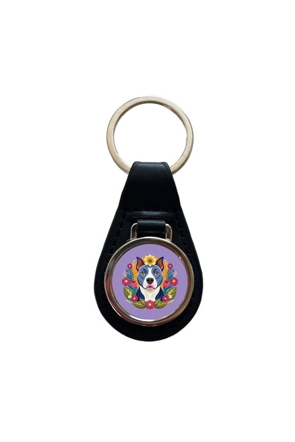 American Pit Bull Terrier Dog Floral Flowers Metal Black Leather Keychain