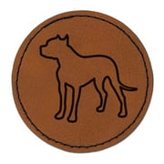 American Pit Bull Terrier Dog Outline 2.5" Faux Leather Round Engraved Iron-On Patch - Brown