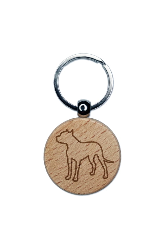 American Pit Bull Terrier Dog Outline Round Keychain Charm Tag - Engraved Wood