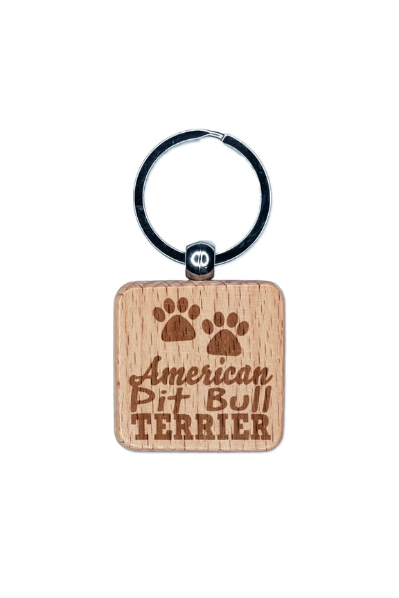 American Pit Bull Terrier Dog Paw Prints Fun Text Square Keychain Charm Tag - Engraved Wood