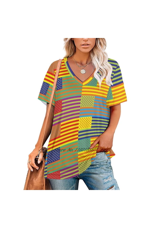 American Pop Women'S Clothing V-Neck Tops Zipper Tee Ladies Casual Sexy T-Shirt Usa American Flag Flag Pop Art Stars Stripes