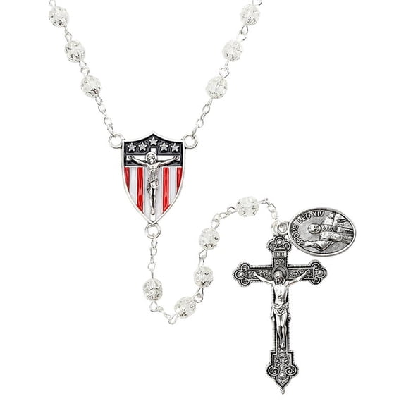 American Pope Leo XIV Crystal Rosary, 18.5" Length, with Patriotic Centerpiece R7505